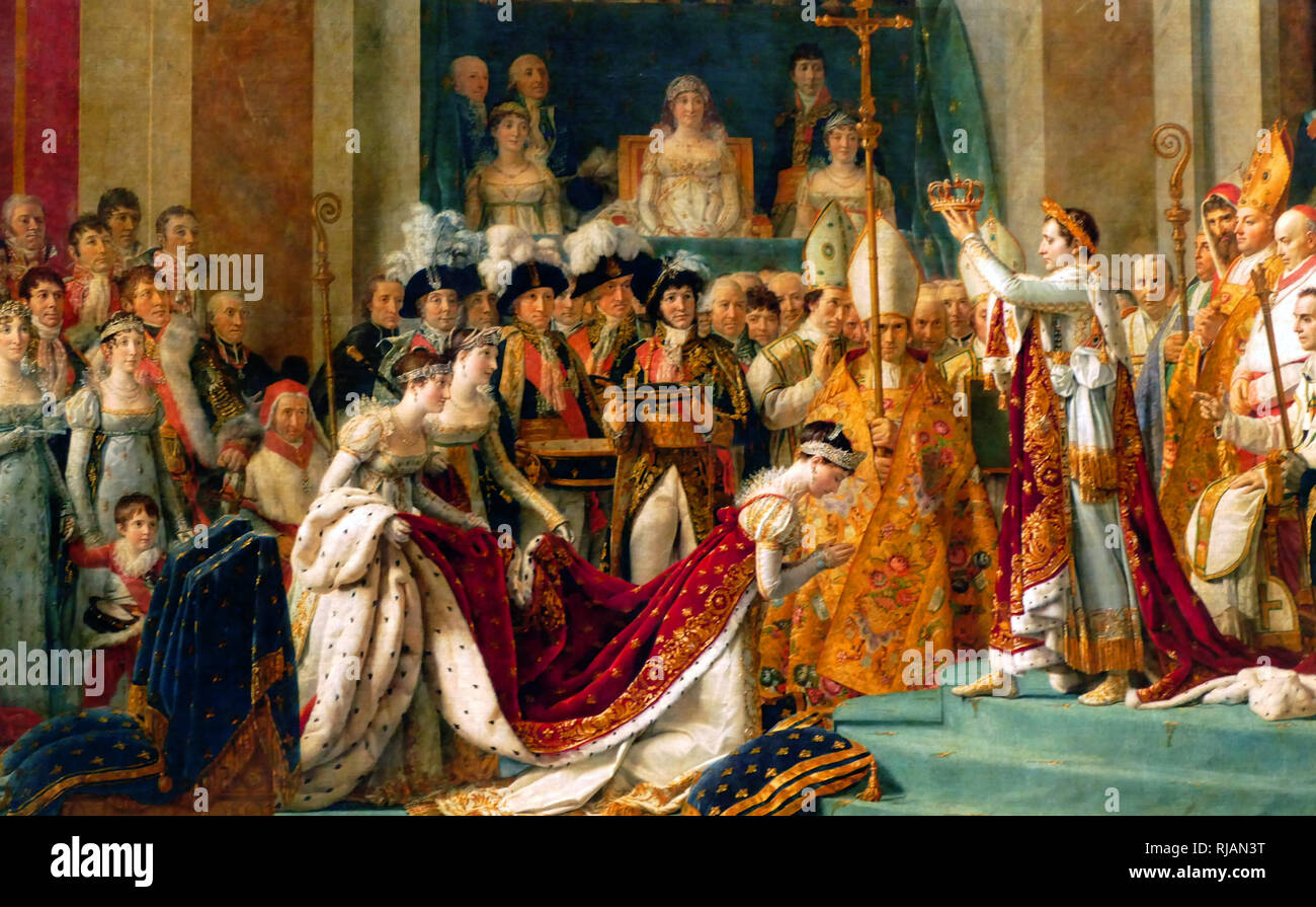Die Krönung Napoleons (Französisch: Le Sacre de Napoleon) ist ein Gemälde im Jahre 1807 abgeschlossen von Jacques-Louis David, der offiziellen Maler von Napoleon, mit der Darstellung der Krönung Napoleons I. in Notre-Dame de Paris 1804 Stockfoto