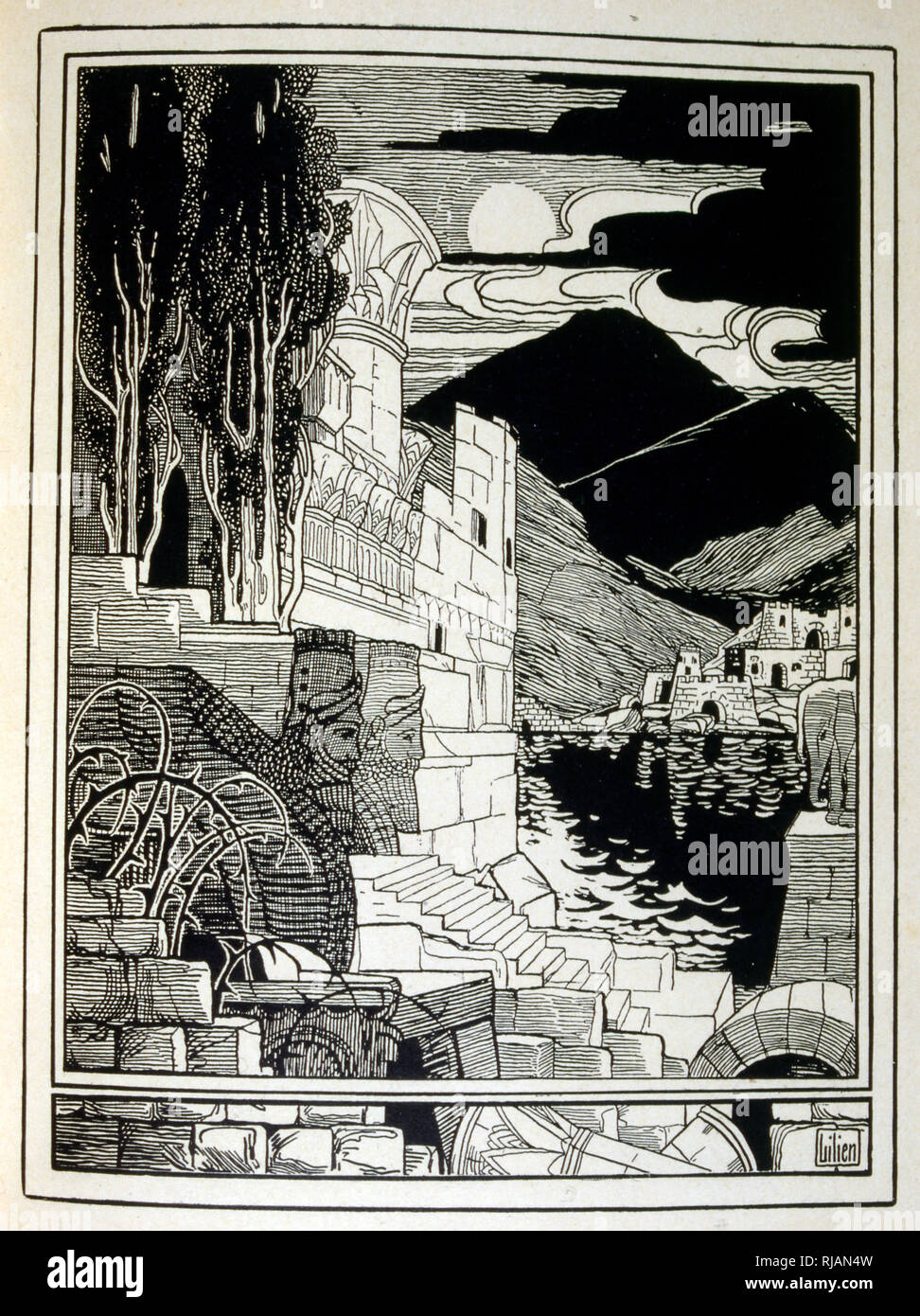 Die Ruinen von Sodom, aus dem Buch Juda durch Ephraim Mose Lilien (1874-1925) dargestellt. Lilian wird als der Vater der Zionistischen Ikonographie, im Jugendstil (Art Nouveau) Stil geschaffen. Er illustrierte "Juda" (1900), ein Buch über biblische Poesie durch ein christlicher Freund, Borries Freiherr von Münchhausen". Stockfoto