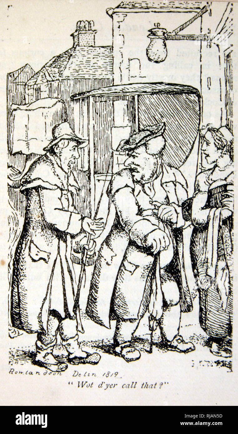 Abbildung: ein Mann verkauf einer widerstrebenden Reisender auf den Straßen von London. Ca. 1819 Stockfoto