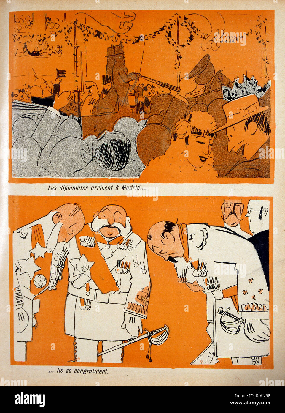 Französische Karikatur zeigt Ereignisse rund um die diplomatischen Bemühungen der Konferenz von Algeciras 1906 einzuberufen, fand in Algeciras, Spanien statt und dauerte vom 16. Januar bis 7. April. Der Zweck der Konferenz war es, eine Lösung für die Ersten Marokkokrise von 1905 zwischen Frankreich und Deutschland, die entstand als Deutschland Frankreich die Bemühung, ein Protektorat über den unabhängigen Staat Marokko reagierten zu finden Stockfoto