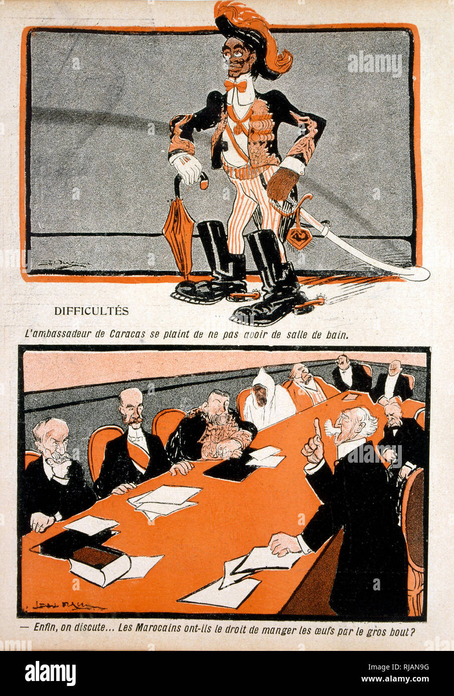 Französische Karikatur zeigt Ereignisse rund um die diplomatischen Bemühungen der Konferenz von Algeciras 1906 einzuberufen, fand in Algeciras, Spanien statt und dauerte vom 16. Januar bis 7. April. Der Zweck der Konferenz war es, eine Lösung für die Ersten Marokkokrise von 1905 zwischen Frankreich und Deutschland, die entstand als Deutschland Frankreich die Bemühung, ein Protektorat über den unabhängigen Staat Marokko reagierten zu finden Stockfoto