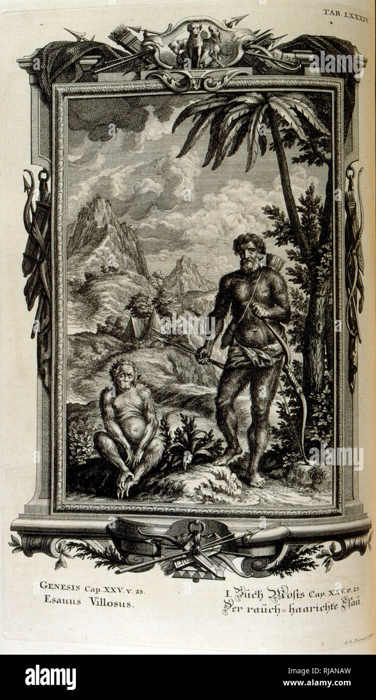 Esau, seinen Körper bedeckt mit Haar war der Sohn Abrahams, vom Körperbau - sacree, ou histoire naturelle de la Bible, 1732-1737, von Johann Jakob Scheuchzer (1672-1733), ein Schweizer Gelehrter in Zürich geboren Stockfoto