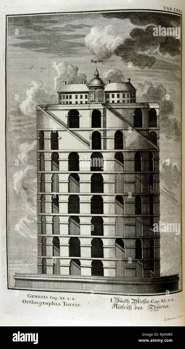 Plan des Turms von Babel von der Seite gesehen. Vom Körperbau sacree, ou histoire naturelle de la-Bibel, 1732-1737, von Johann Jakob Scheuchzer (1672-1733), ein Schweizer Gelehrter in Zürich geboren Stockfoto