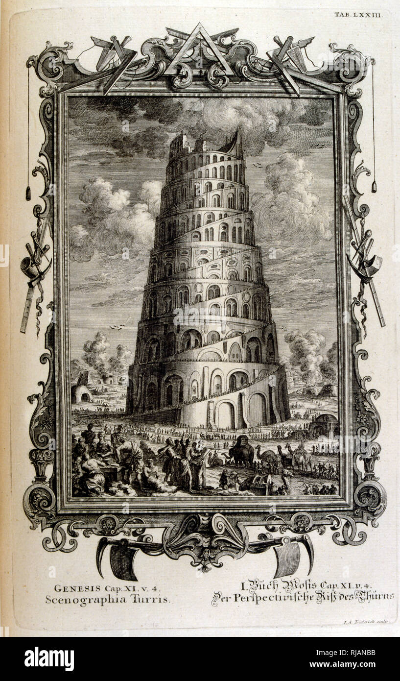 Plan des Turms von Babel von der Seite gesehen. Vom Körperbau sacree, ou histoire naturelle de la-Bibel, 1732-1737, von Johann Jakob Scheuchzer (1672-1733), ein Schweizer Gelehrter in Zürich geboren Stockfoto