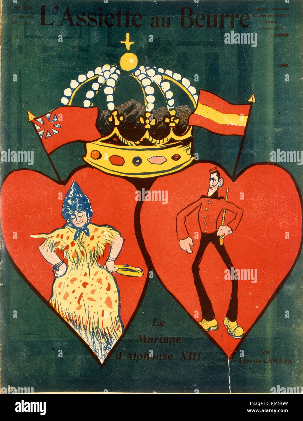 Karikatur der Ehe der spanischen König Alfonso XIII, 1906, Illustration von "L'Assiette au Beurre", eine illustrierte Französische wöchentliche satirische Zeitschrift mit anarchistischen politischen Überzeugungen, die sich hauptsächlich zwischen 1901 und 1912 produziert wurde. Alfonso XIII (1886 - 1941), war König von Spanien von 1886 bis zur Ausrufung der Zweiten Republik im Jahre 1931. Victoria Eugénie von Battenberg (1887-1969) war die Ehefrau von Alfonso und Enkelin von Königin Victoria von Großbritannien. Stockfoto