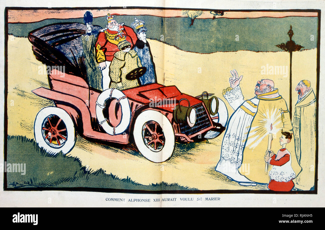 Karikatur der Ehe der spanischen König Alfonso XIII; 1906, zeigt König Edward VII. und der Königin Alexandra von Großbritannien mit den spanischen König und Königin. Illustration aus "L'Assiette au Beurre", eine illustrierte Französische wöchentliche satirische Zeitschrift mit anarchistischen politischen Überzeugungen, die sich hauptsächlich zwischen 1901 und 1912 produziert wurde. Alfonso XIII (1886 - 1941), war König von Spanien von 1886 bis zur Ausrufung der Zweiten Republik im Jahre 1931. Victoria Eugénie von Battenberg (1887-1969) war die Ehefrau von Alfonso und Enkelin von Königin Victoria von Großbritannien. Stockfoto