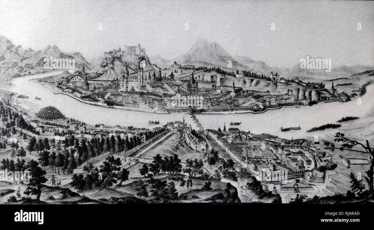 Blick auf die Stadt und die Festung von Salzburg, Österreich circa 1780. Tiefdruck von Antoine Amon, nach Franz Nauman Stockfoto