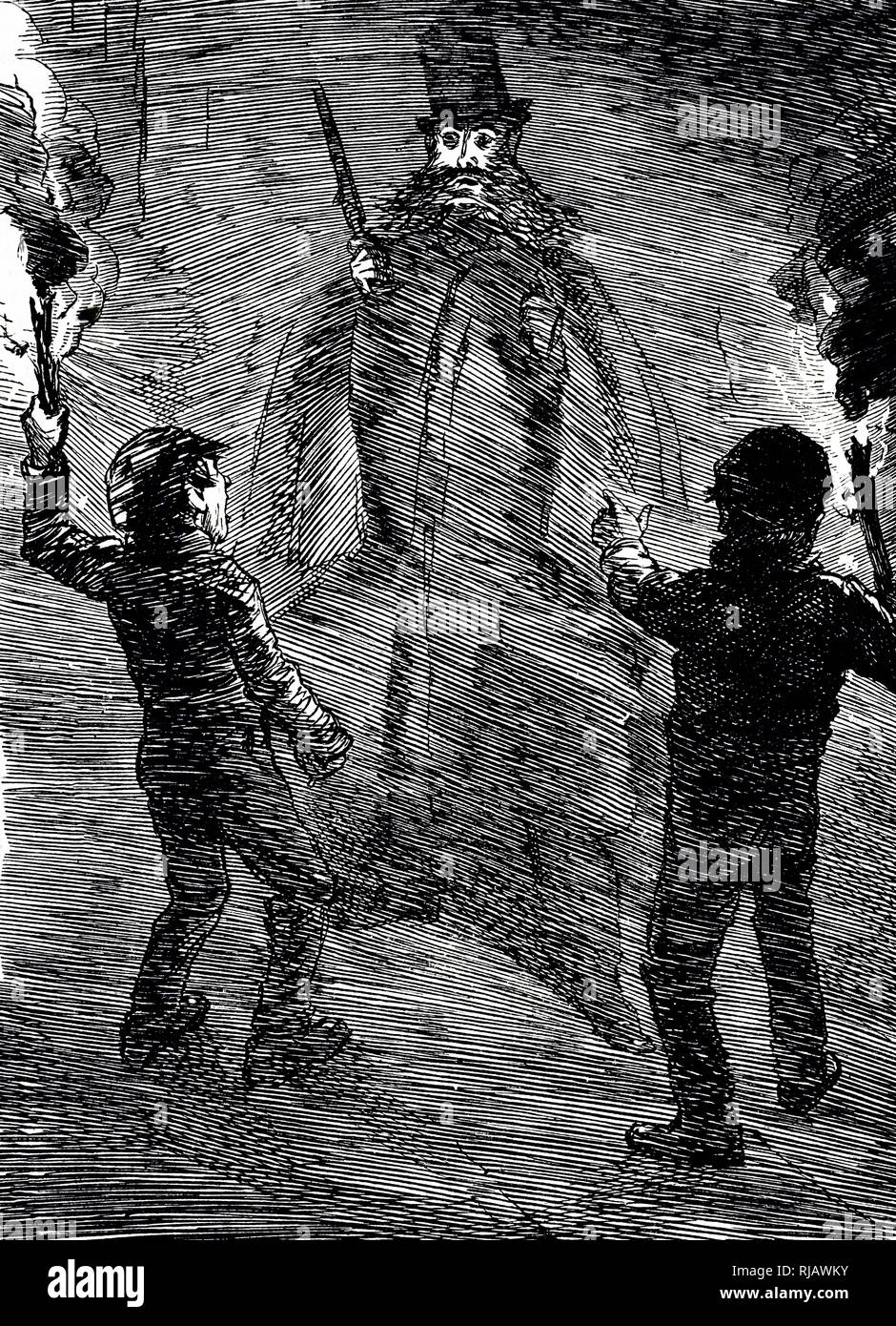 Eine Karikatur kommentieren die dichten Londoner Nebel - Link - jungen Fackeln den Weg für Fußgänger zu Licht. Vom 19. Jahrhundert Stockfoto