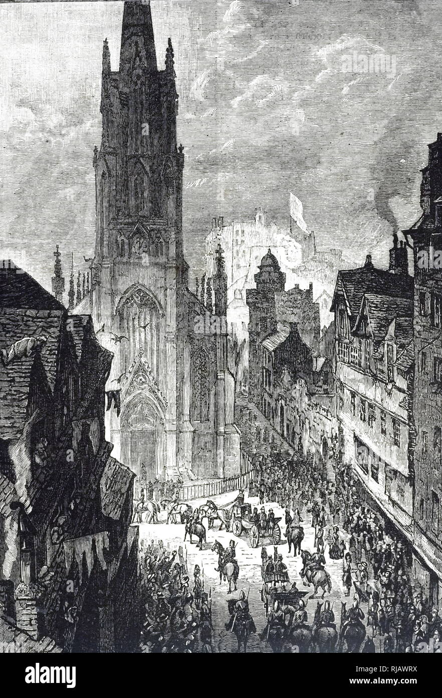 Ein kupferstich mit der Darstellung der Prozession des Herrn Hohe Kommissar außerhalb der General Assembly Hall der Kirche von Schottland. Vom 19. Jahrhundert Stockfoto