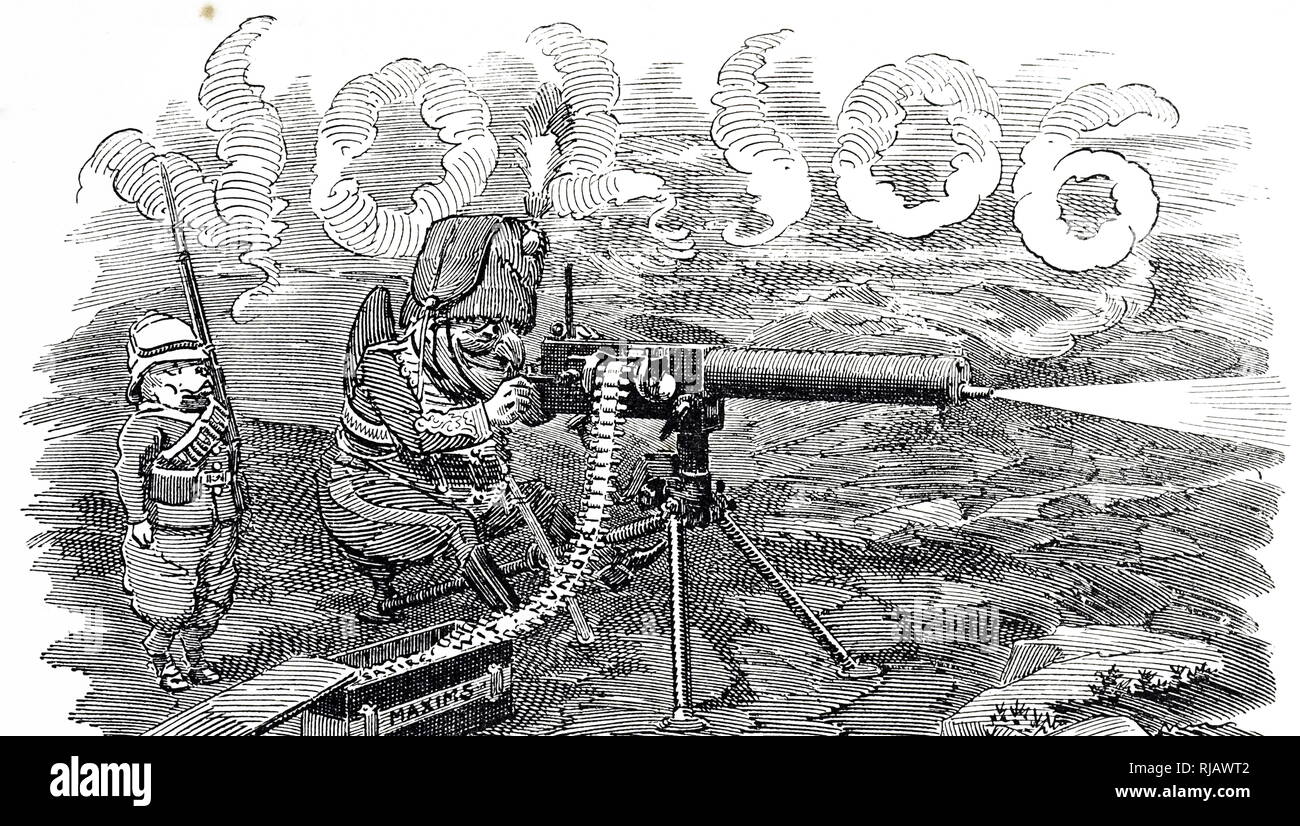 Ein Cartoon mit der Darstellung eines Maxim Gun, eine Waffe von Hiram Stevens Maxim im Jahr 1884 erfunden. Maxim, Sir Hiram Stevens (1840-1916) Ein britischer Erfinder. Vom 19. Jahrhundert Stockfoto