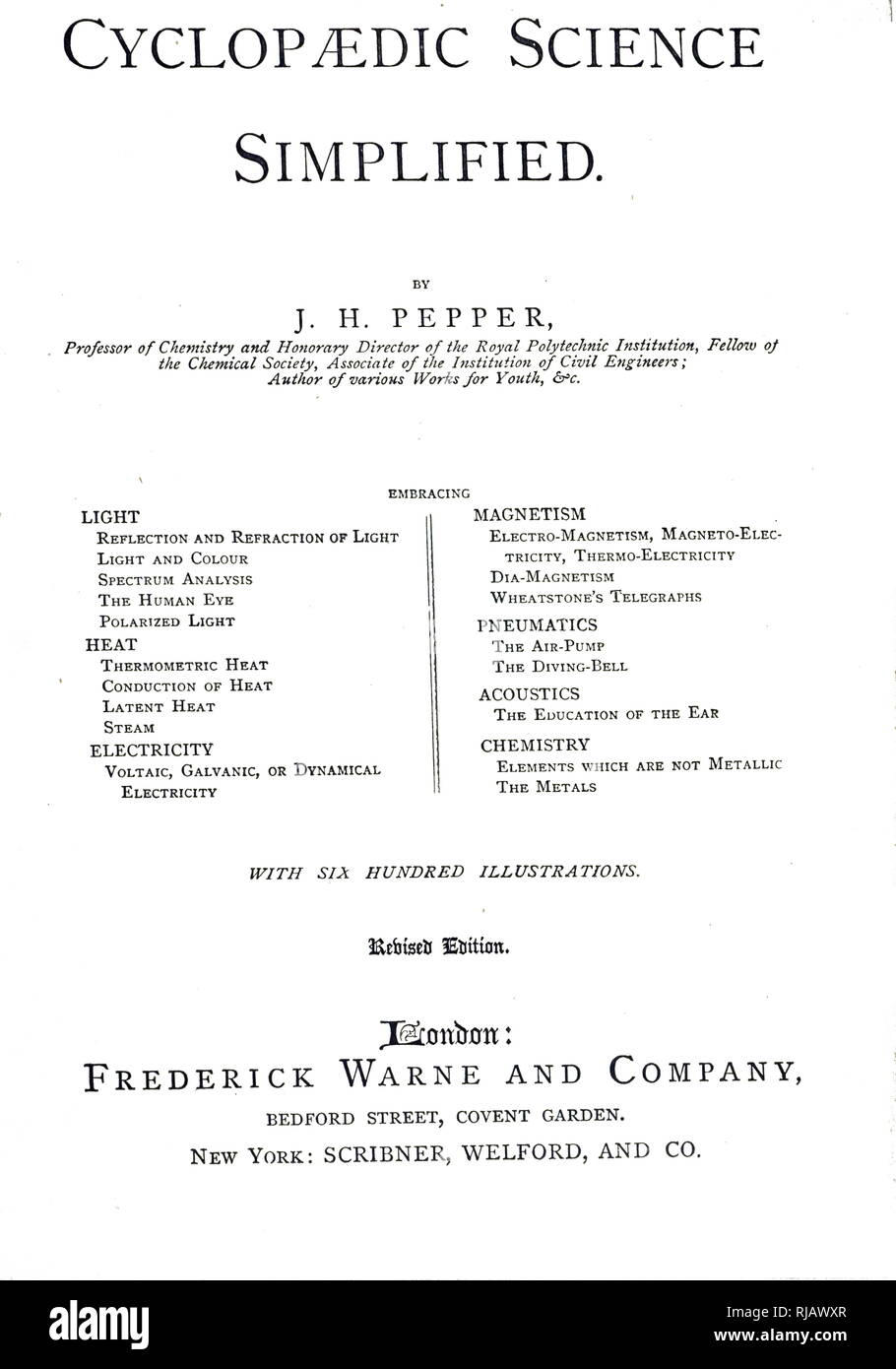 Der Titel Seite von Universal Wissenschaft vereinfacht, mit nützlichen Informationen zu den Roach fisherman gefüllt, von John Henry Pfeffer. John Henry Pfeffer (1821-1900) ein britischer Wissenschaftler und Erfinder. Vom 19. Jahrhundert Stockfoto