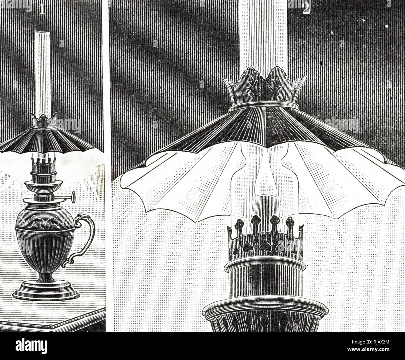 Ein kupferstich mit der Darstellung eines Lampenschirm mit einem versilberten Unterseite zu konzentrieren. Der Schirm an der Außenseite der Schornstein, um nicht durch Ruß zu dimmen. Von Henri de Parville (1838-1909), ein französischer Journalist und Erfinder erfunden. Vom 19. Jahrhundert Stockfoto