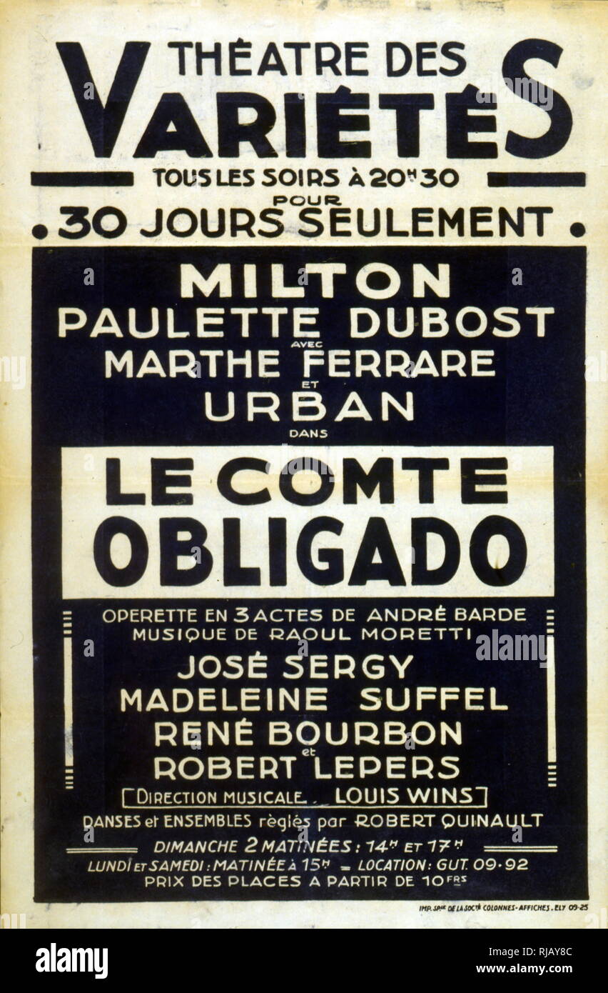 Plakat werbung eine Produktion der Operette "Comte Obligado" von Andre Barde et Raoul Moretti während des Zweiten Weltkriegs, Paris. 1941 Stockfoto