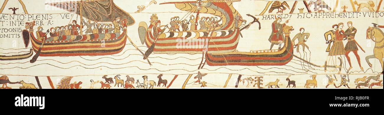 Eine Szene aus dem Teppich von Bayeux, wie in 1064, Harold Godwinson, der Graf von Wessex, Schiffbruch erlitt am Ufer des Ponthieu und ein Kerl, der ihn zu seinem Schloss von Beaurain auf dem Fluss Canche gefangen, als der Teppich von Bayeux betrifft: Hic festgenommen Witwe Haroldum et duxit em ad Belrem et Ibi eum tenuit (hier Guy Harold beschlagnahmt und führte ihn nach Beaurain und ihn dort gehalten"). Herzog Wilhelm forderten die Freilassung des Grafen, und Zählen Kerl geliefert Harold Godwinson nach bezahlt wird ein Lösegeld für ihn. Stockfoto