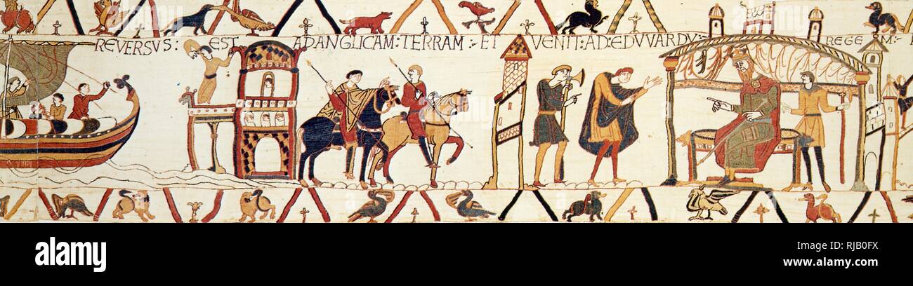 Eine Szene aus dem Teppich von Bayeux, King Edward Gespräch mit Harold. Der Teppich von Bayeux ist eine gestickte Tuch fast 70 Meter (230 ft) langen und 50 cm (20 in) hoch, stellt sie die Ereignisse, die zu der Normannischen Eroberung Englands über William, Herzog der Normandie, und Harold, Earl of Wessex, dem späteren König von England, und gipfelte in der Schlacht von Hastings. Es ist bis heute auf das 11. Jahrhundert dachte Stockfoto