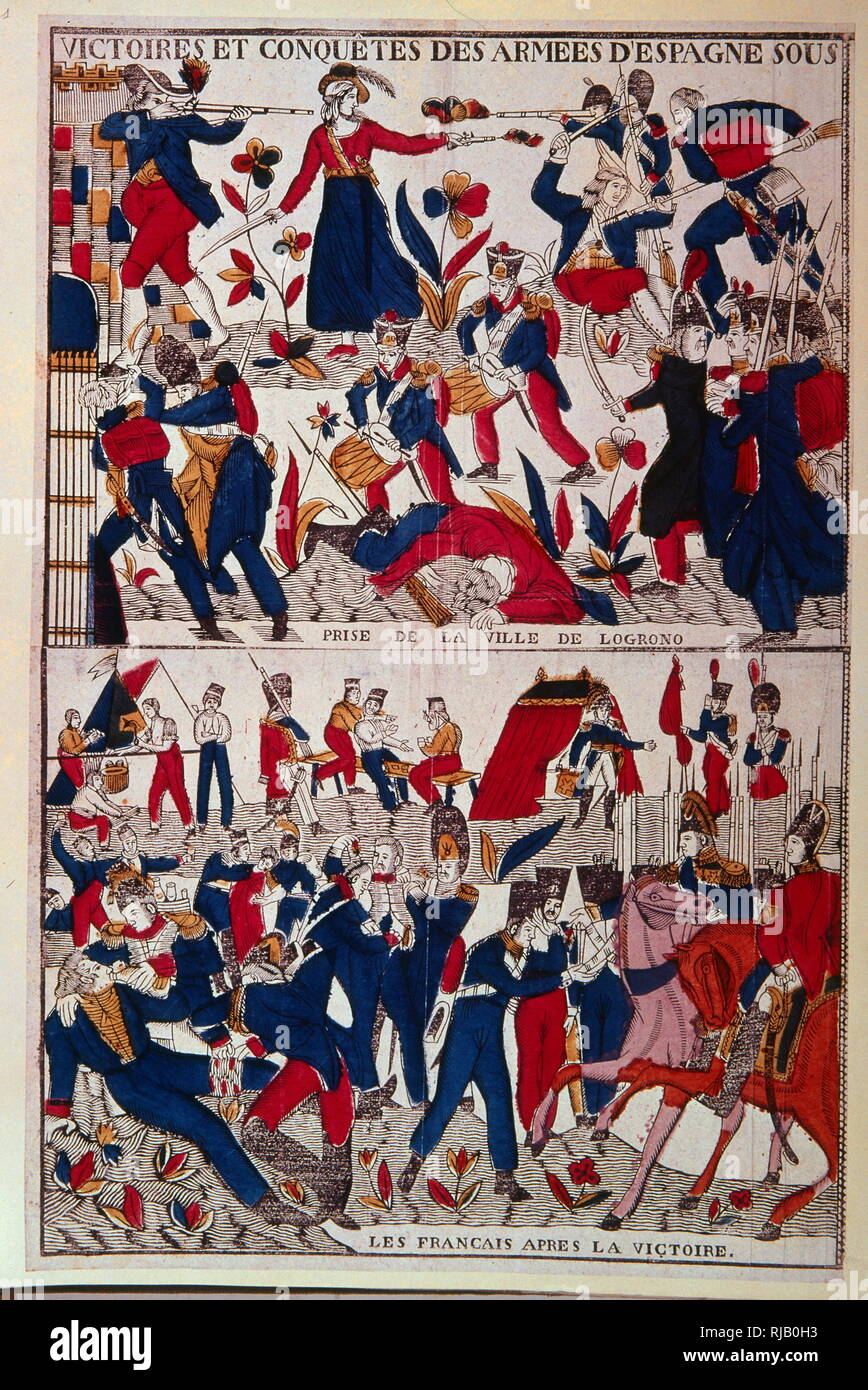 Spanisch 19. Jahrhundert Holzschnitt Abbildung: Exploits für die Spanische Armee Stockfoto