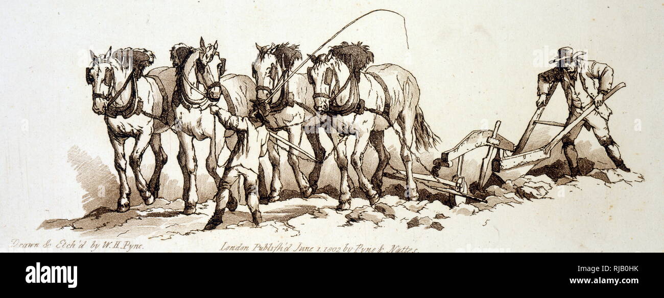 Tilling ein Feld mit einem Pferd gezogenen Pflug 1802 Stockfoto