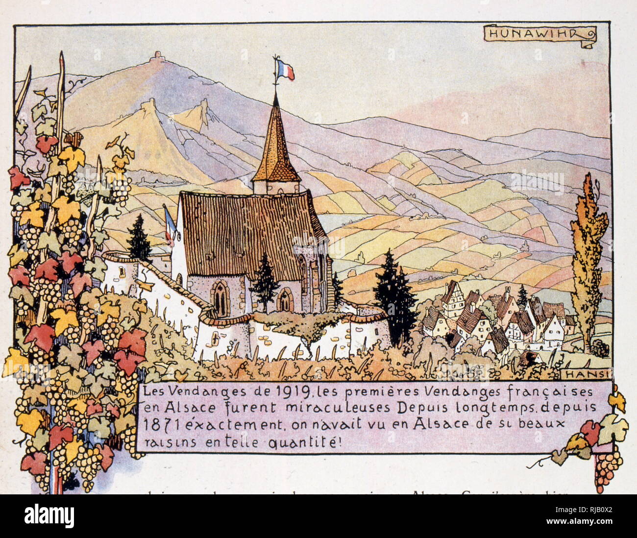 Abbildung: Kennzeichnung der Rückkehr der Region Elsass in Frankreich 1919. zwischen 1871 - 1918, des Deutsch-Französischen Krieges französische Abtretung von Elsaß nach Deutschland. Im Jahr 1919 den Vertrag von Versailles führte zu der Deutschen Abtretung des Elsass zu Frankreich Stockfoto