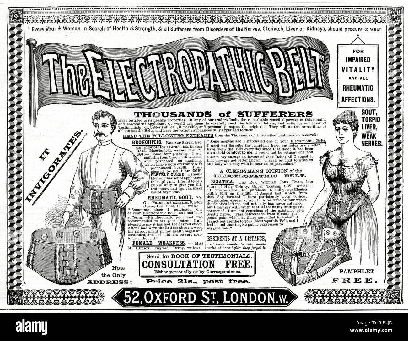 Werbung für Gurthalterung elektropathische Korsett-Gürtel 1895 Stockfoto