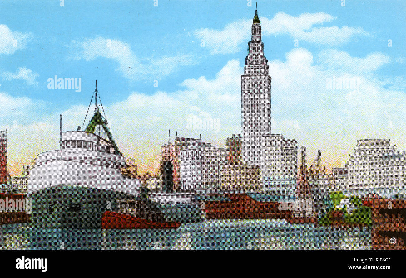 Cleveland, Ohio, USA - Union Terminal Tower und Erz Docks Stockfoto