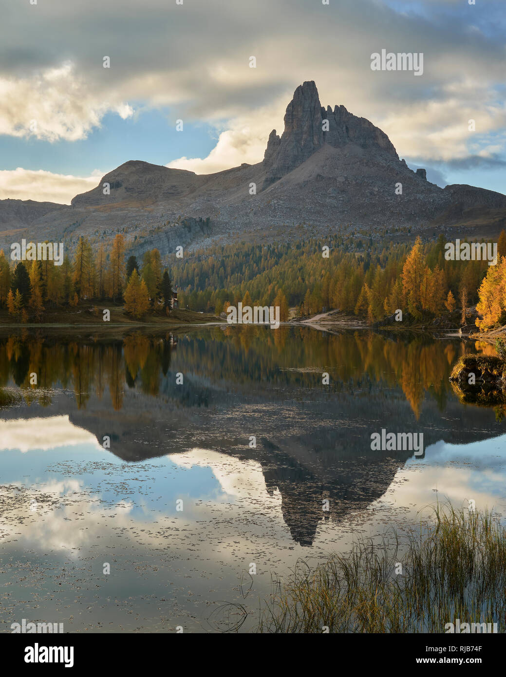 Beco de Mezodi reflektiert in Lago de Federa, Dolomiten, Belluno, Venetien, Italien. Herbst Stockfoto