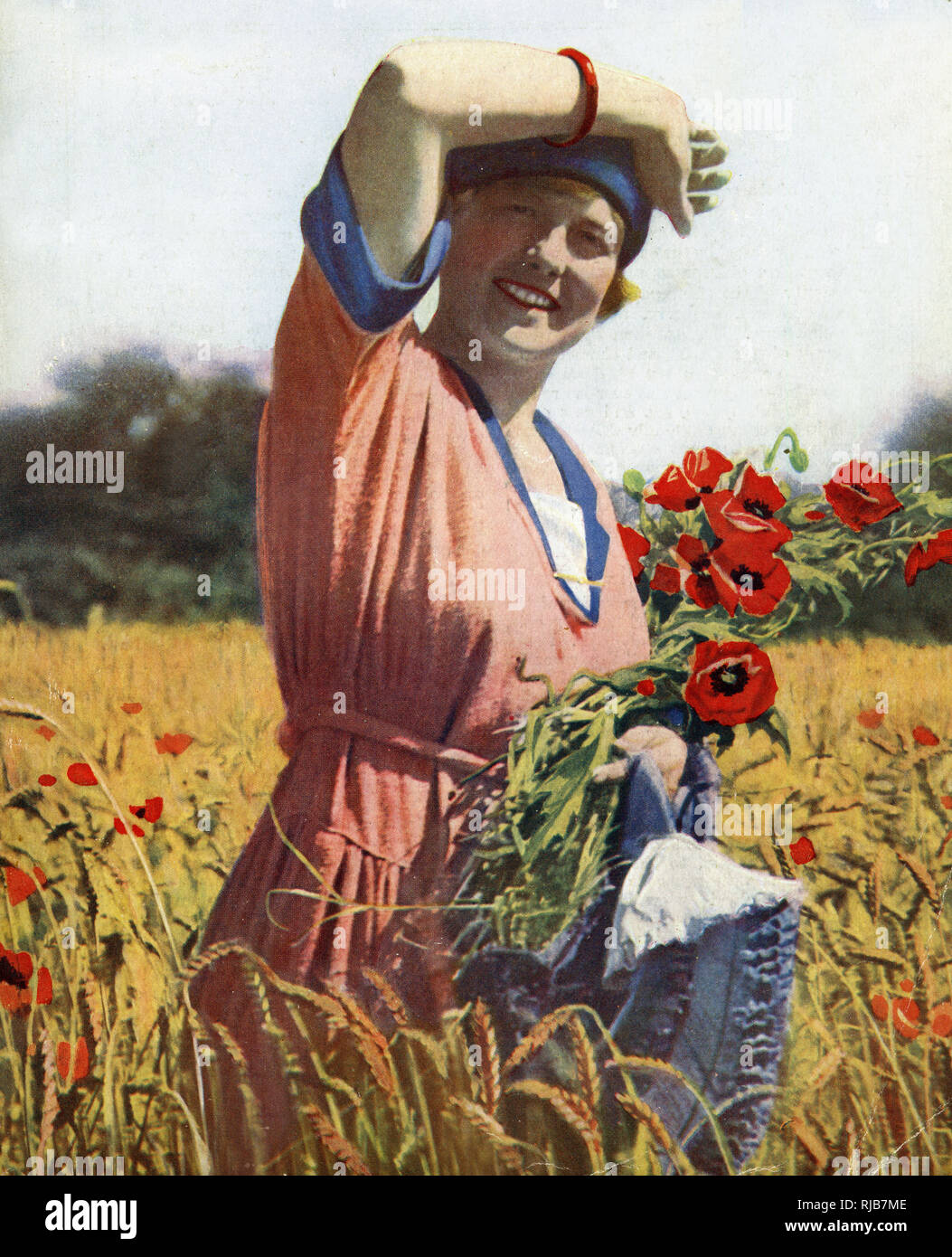 Junge Frau auf einem Mohnfeld, England Stockfoto