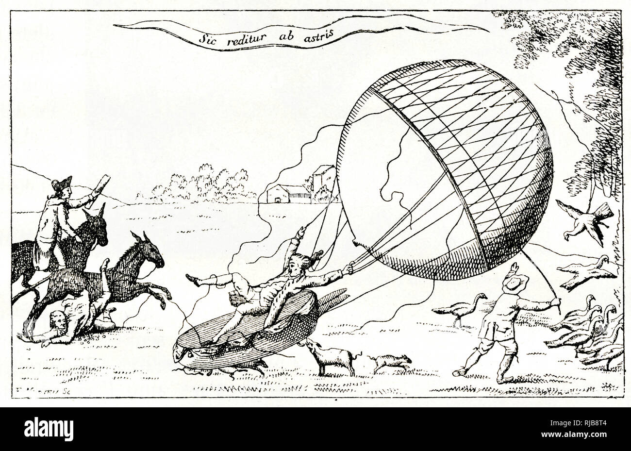 Satirischer Cartoon, Blanchard landet auf einem Feld Stockfoto