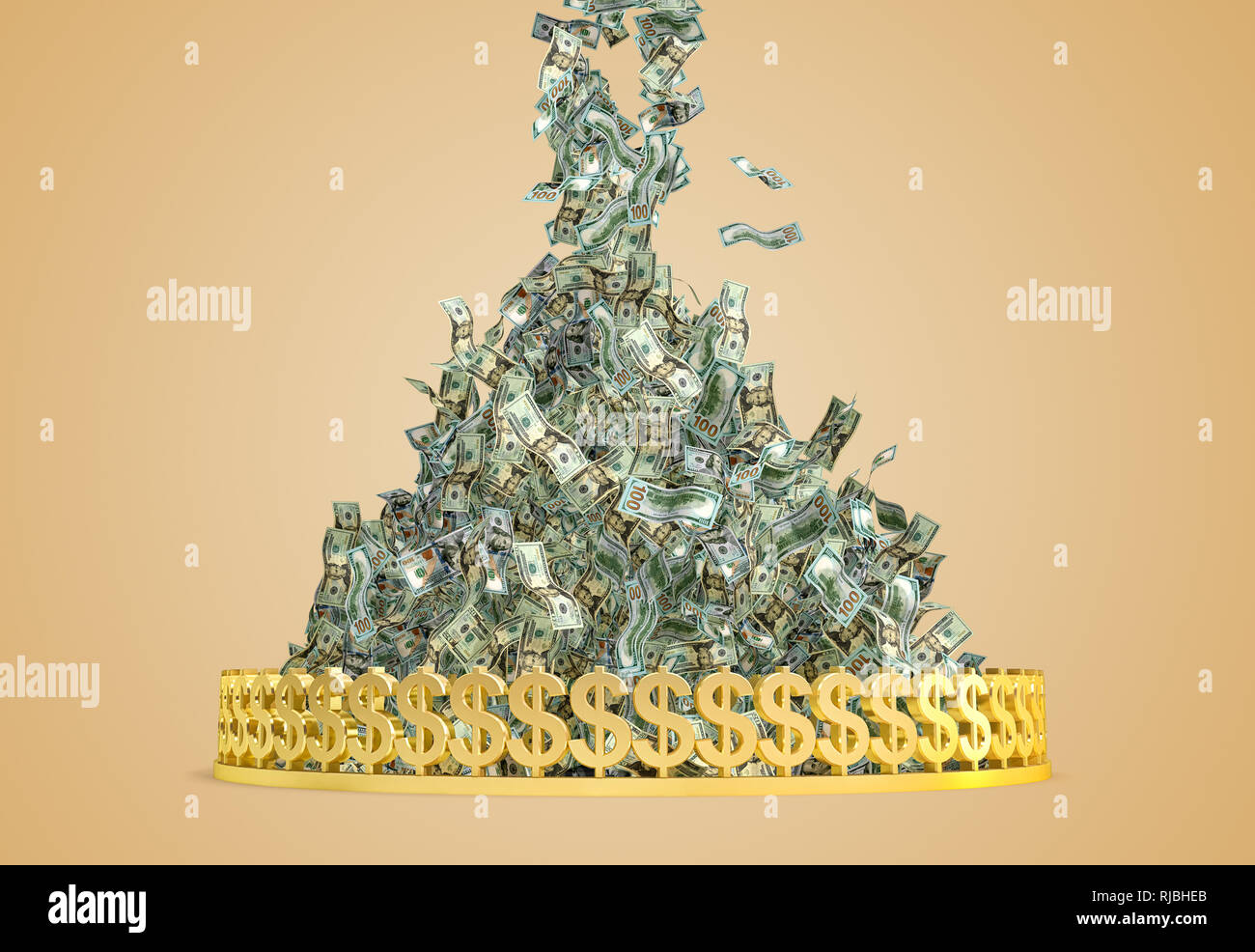 Geld Regen - 20 und 100 Dollar-Scheine hinunter regnen auf einem Haufen Geld - 3D-Rendering Stockfoto