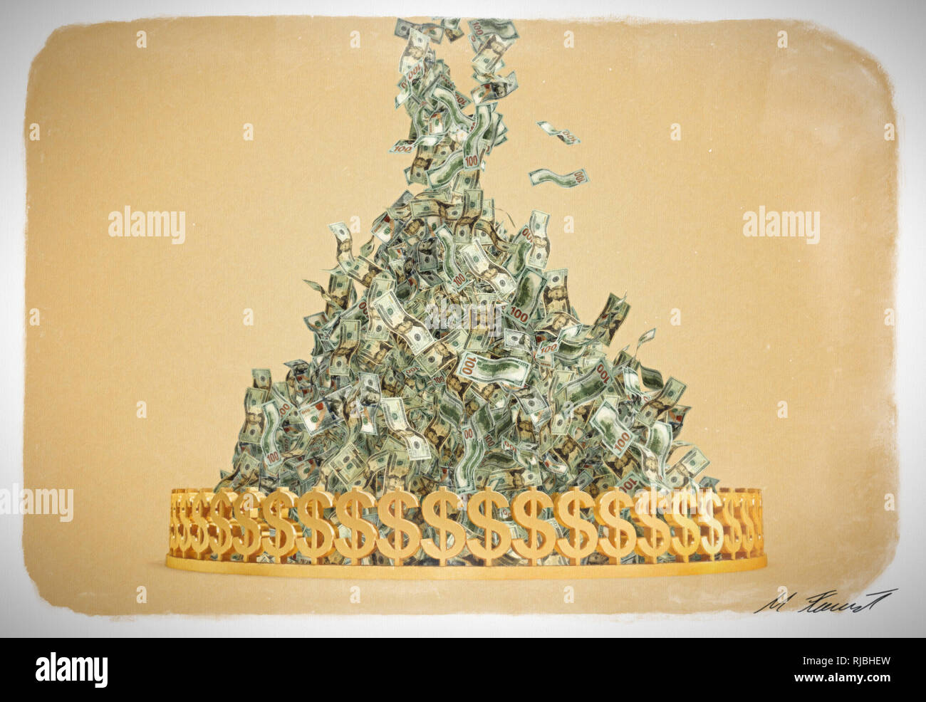 Geld Regen - 20 und 100 Dollar-Scheine hinunter regnen auf einem Haufen Geld - 3D-Rendering Stockfoto
