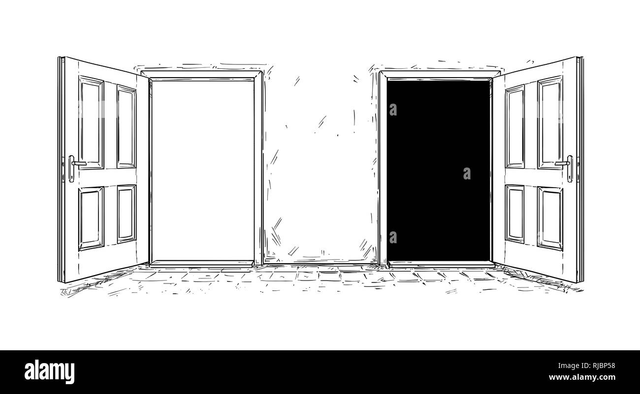 Cartoon von zwei offene Holz- Entscheidung Tür Stockfoto