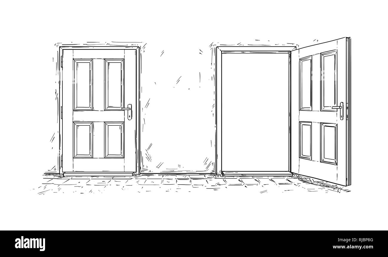 Cartoon von zwei Öffnen und Schließen Holz- Entscheidung Tür Stockfoto