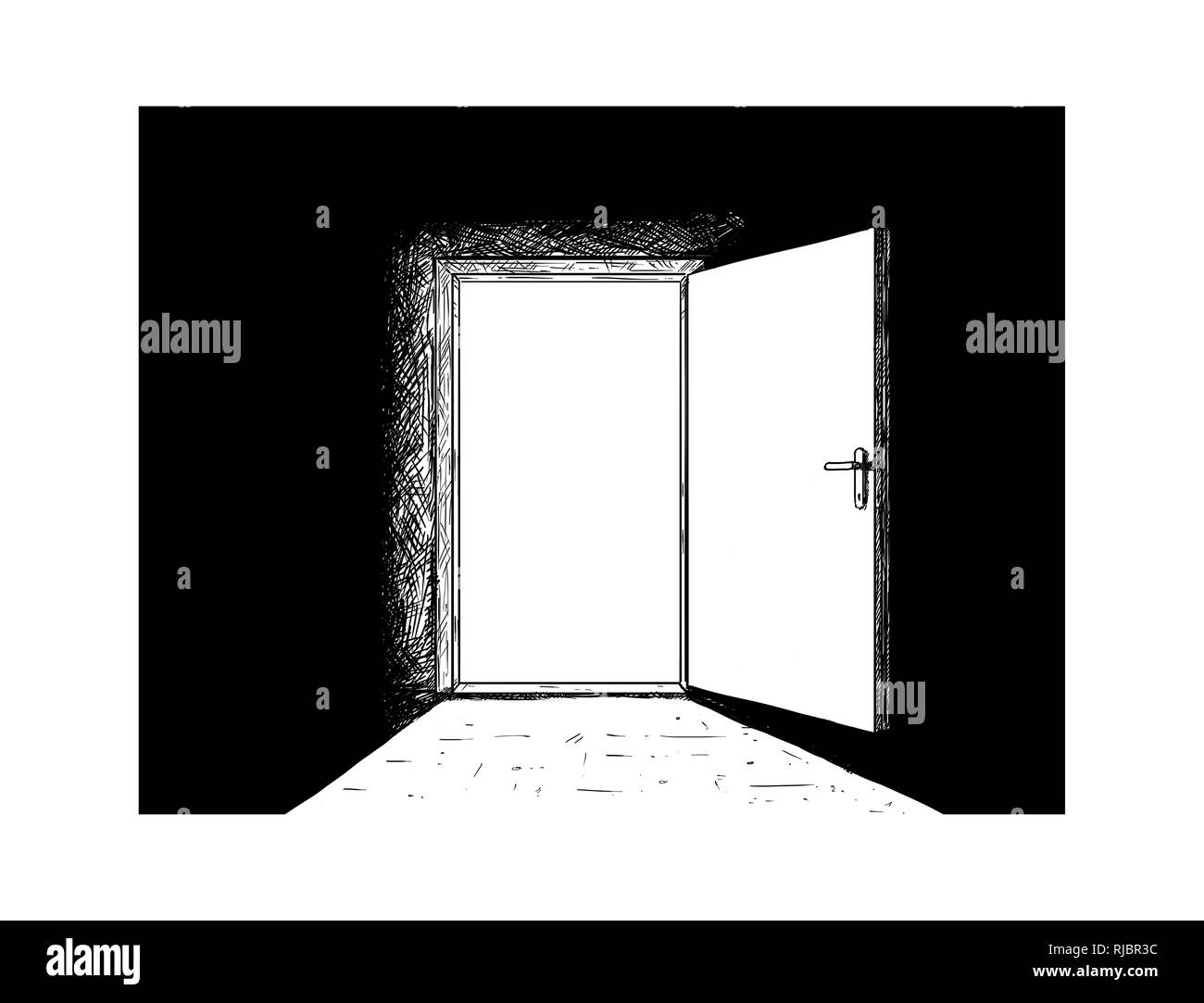 Cartoon von offenen Holz- Entscheidung Tür und Licht aus. Stockfoto