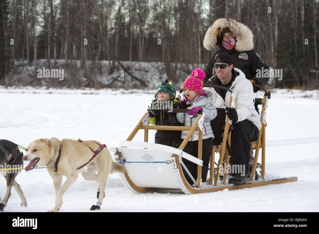 Air Force Special Agent Roland Bodenheim und seine Kinder Merrick und Sloane, sowohl Alter 3, für einen Hundeschlitten Fahrt am Hillberg See am Joint Base Elmendorf-Richardson, Alaska, 14.01.2018. Bodenheim ist mit der Air Force Office der speziellen Untersuchungen. Als Teil der Moral, Wohlfahrt und Erholung Programm bewirtet durch die 673 d Force Support Squadron und JBER Life Team, die hillberg Skigebiet bietet die mit Base Access eine Vielzahl von Wintersportmöglichkeiten und Veranstaltungen. Stockfoto