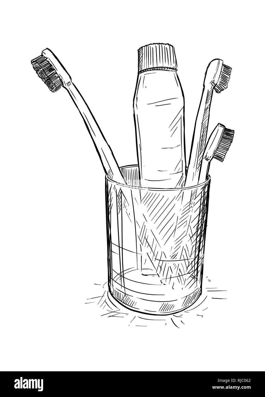 Hand Zeichnung von Zahnbürsten und Zahnpasta im Glas Schale in Bad Stockfoto