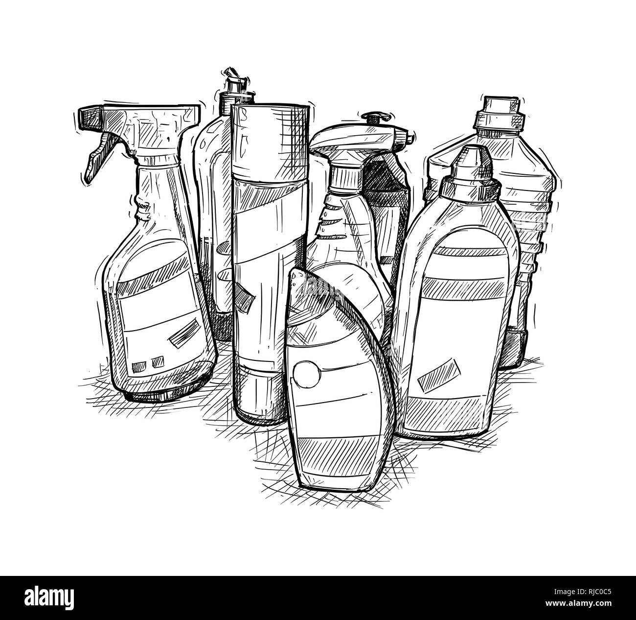Hand Zeichnung der Satz von Haus Reinigungsmittel Stockfoto