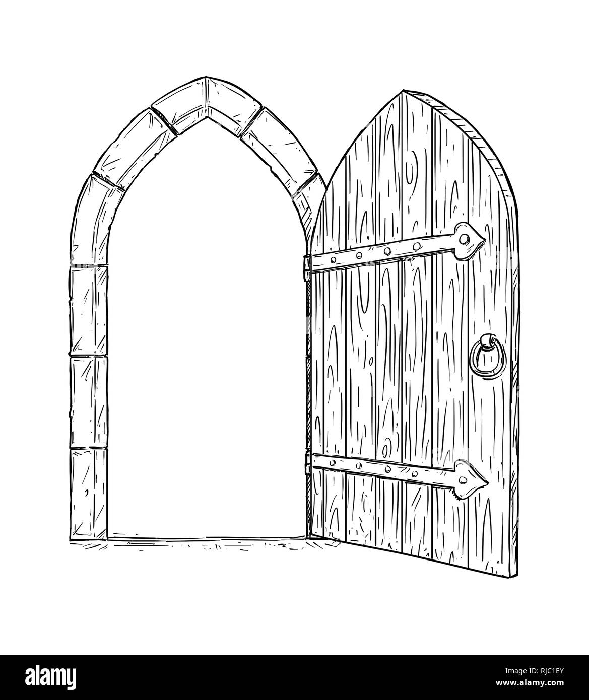 Cartoon Zeichnung der offenen Holz- Mittelalterliche Entscheidung Tür Stockfoto