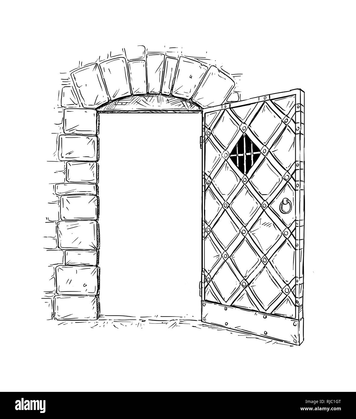 Cartoon Zeichnung der offenen Holz- Mittelalterliche Entscheidung Tür Stockfoto