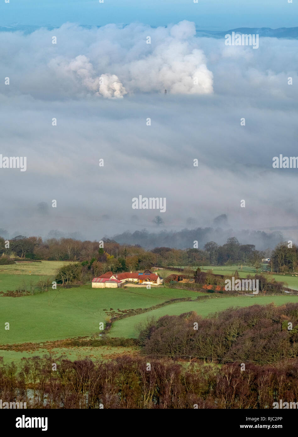 Anzeigen eines Bauernhauses in der Forth Valley und Emissionen aus der Raffinerie Grangemouth im Abstand angezeigt durch den Morgennebel. Stockfoto