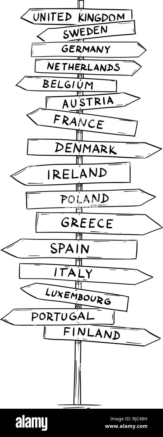 Zeichnung der alten Straße Richtungspfeil Schild mit Namen von einigen europäischen Ländern Stock Vektor
