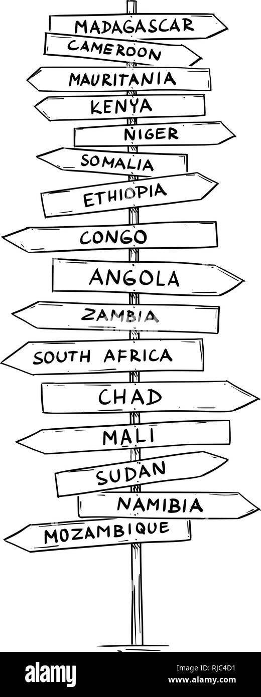 Zeichnung der alten Straße Richtungspfeil Schild mit Namen von Ländern in Mittel- und Südafrika Stock Vektor