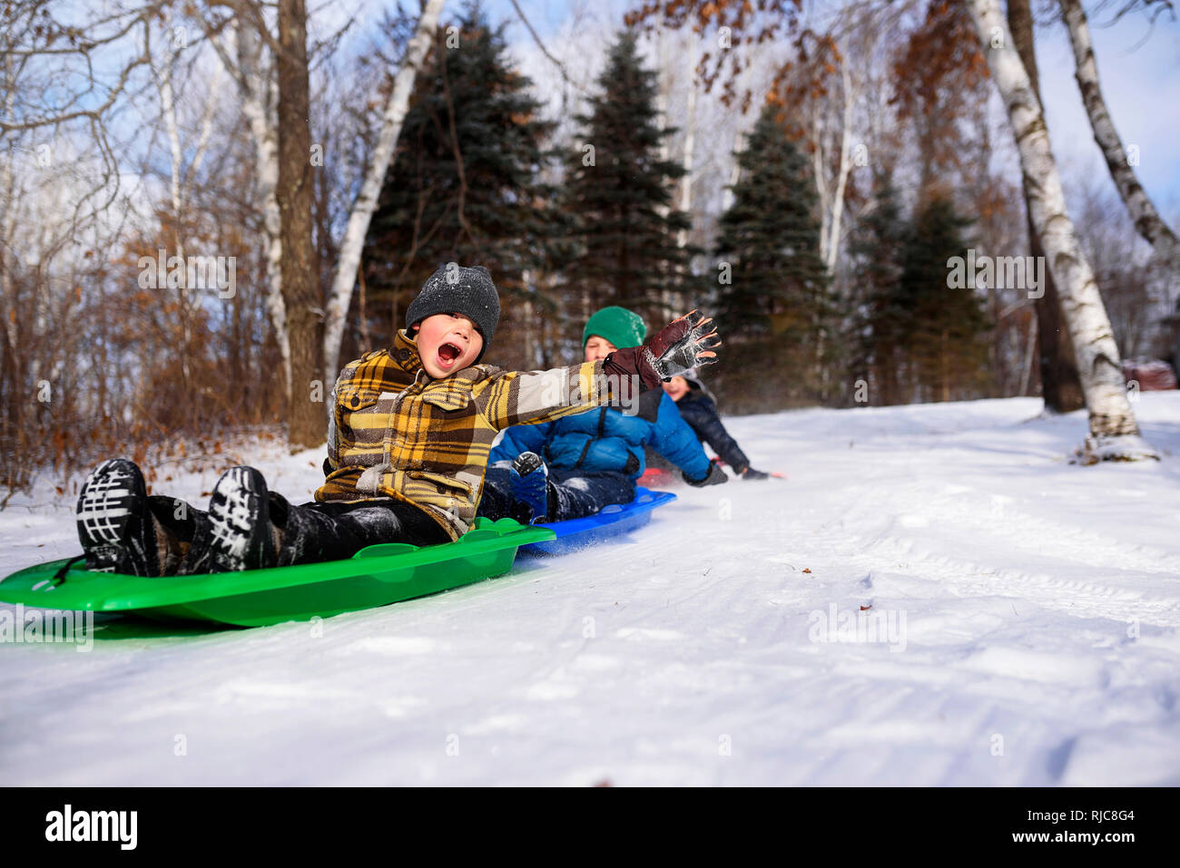 Drei Jungen auf einem Schlitten lachen, Wisconsin, United States Stockfoto