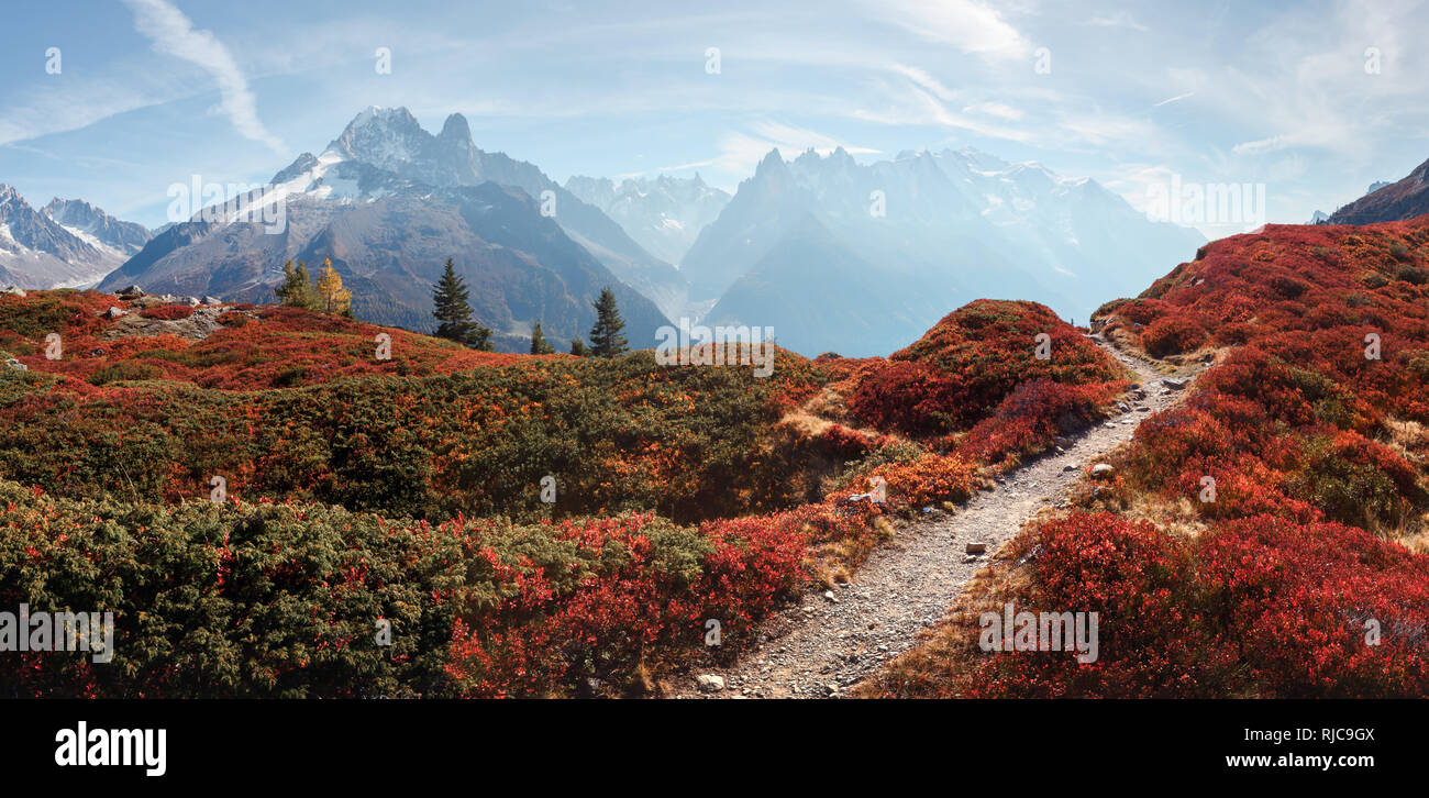 Tolle Aussicht auf die Berge Monte Bianco mit mit Monblan für den Hintergrund. Vallon de Berard Nature Preserve, Chamonix, Graian Alps. Landschaftsfotografie Stockfoto