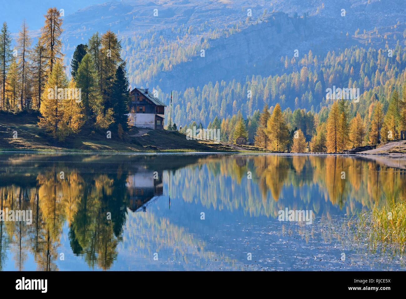 Rifugio Croda da Lago, spiegelt sich in der Lago de Federa, Dolomiten, Belluno, Venetien, Italien. Herbst Stockfoto