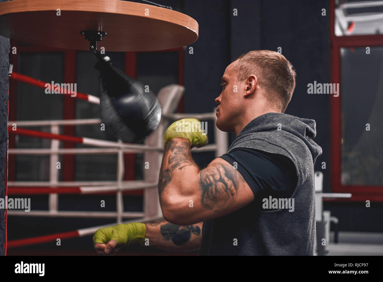 Harte arm Workout. Muskulöse junge Sportler Training seine Abstimmung mit dem Stanzen Speed Bag in Box farbig Fitnessraum Stockfoto