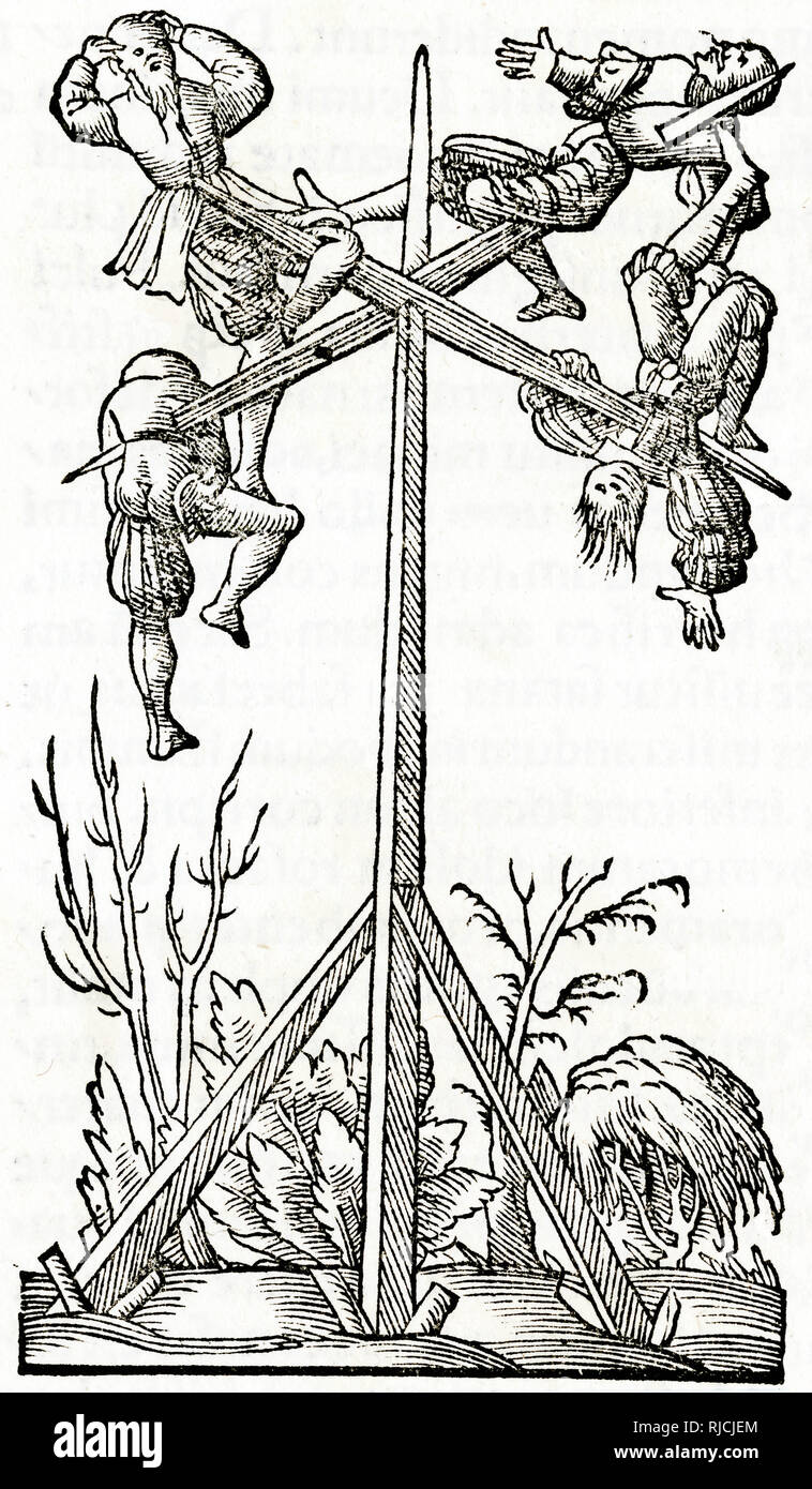 Mittelalterliche Ausführung vier Männer aufgespiesst auf einem Galgen