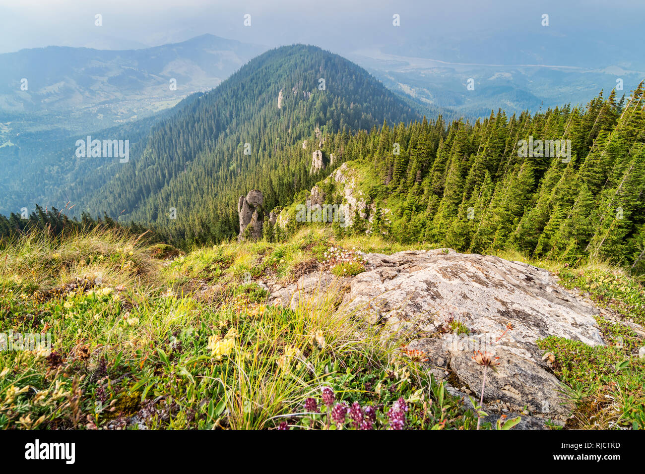 Die malerische Landschaft in der Wahrzeichen Ceahlau Massiv, Karpatenbogens, Rumänien. Stockfoto