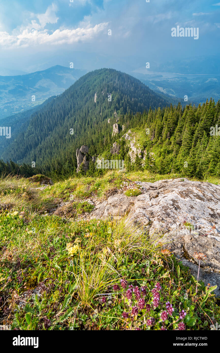 Die malerische Landschaft in der Wahrzeichen Ceahlau Massiv, Karpatenbogens, Rumänien. Stockfoto