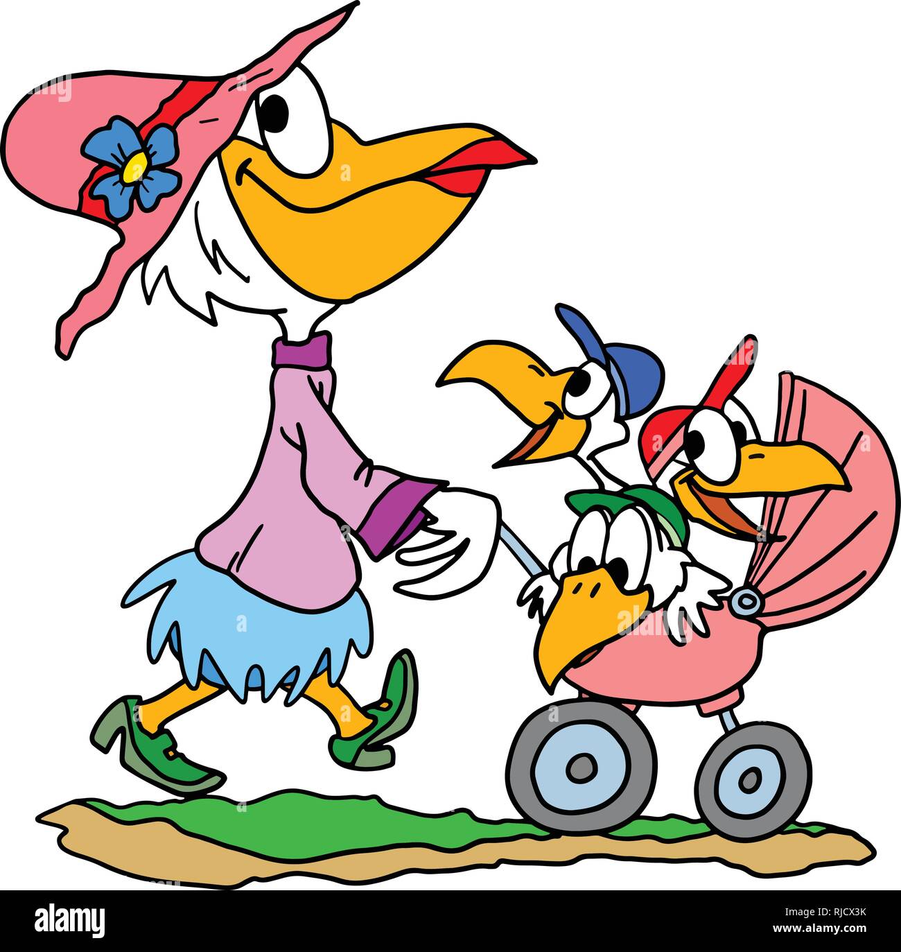 Cartoon Pelican, die ihre Babys im Kinderwagen spazieren Vector Illustration Stock Vektor