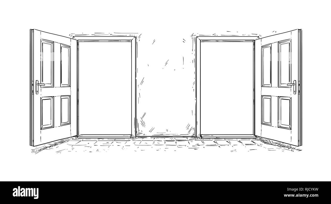 Cartoon von zwei offene Holz- Entscheidung Tür Stockfoto