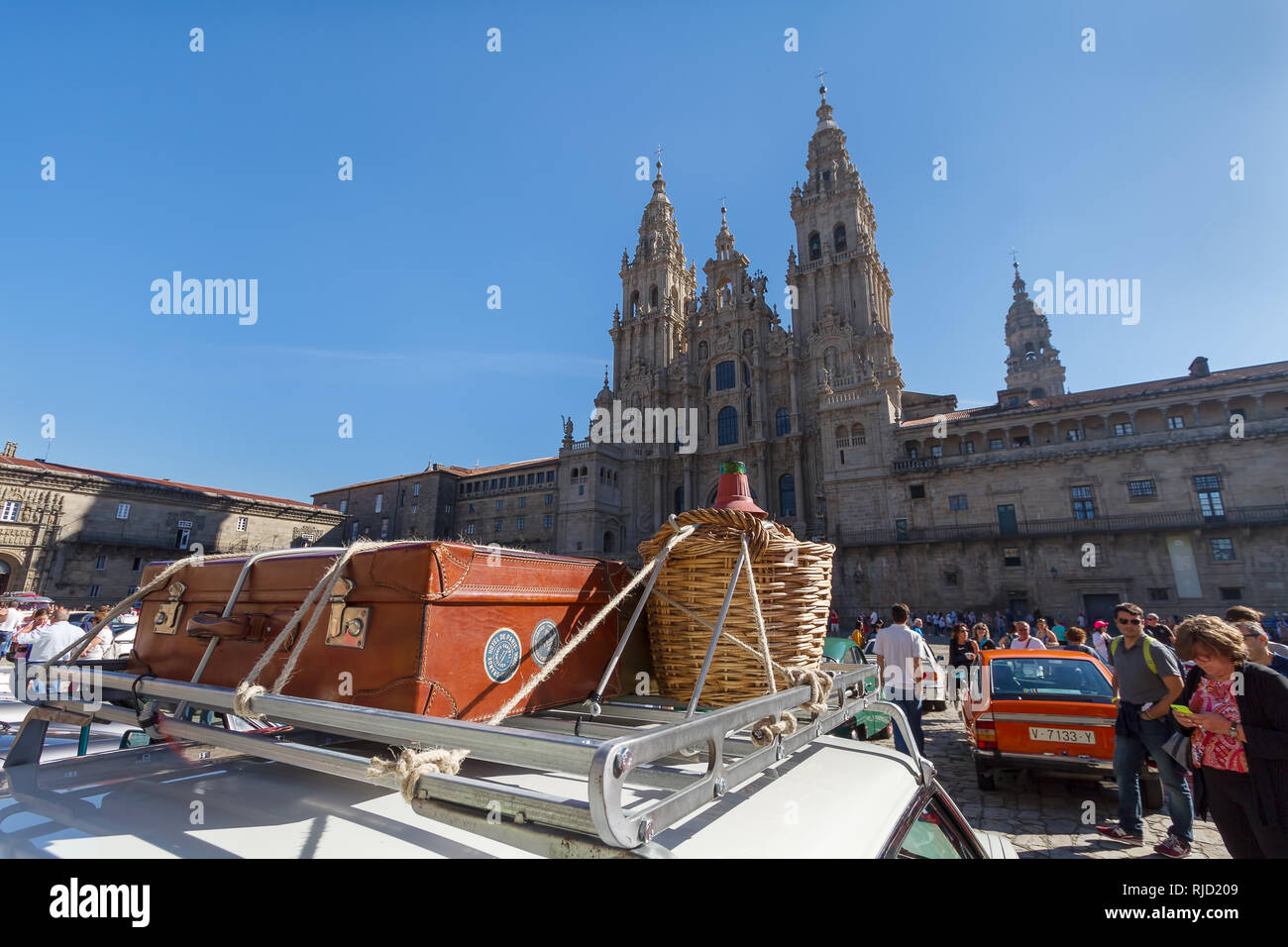 Ausstellung der Oldtimer. Obradoiro square Santiago de Compostela Stockfoto